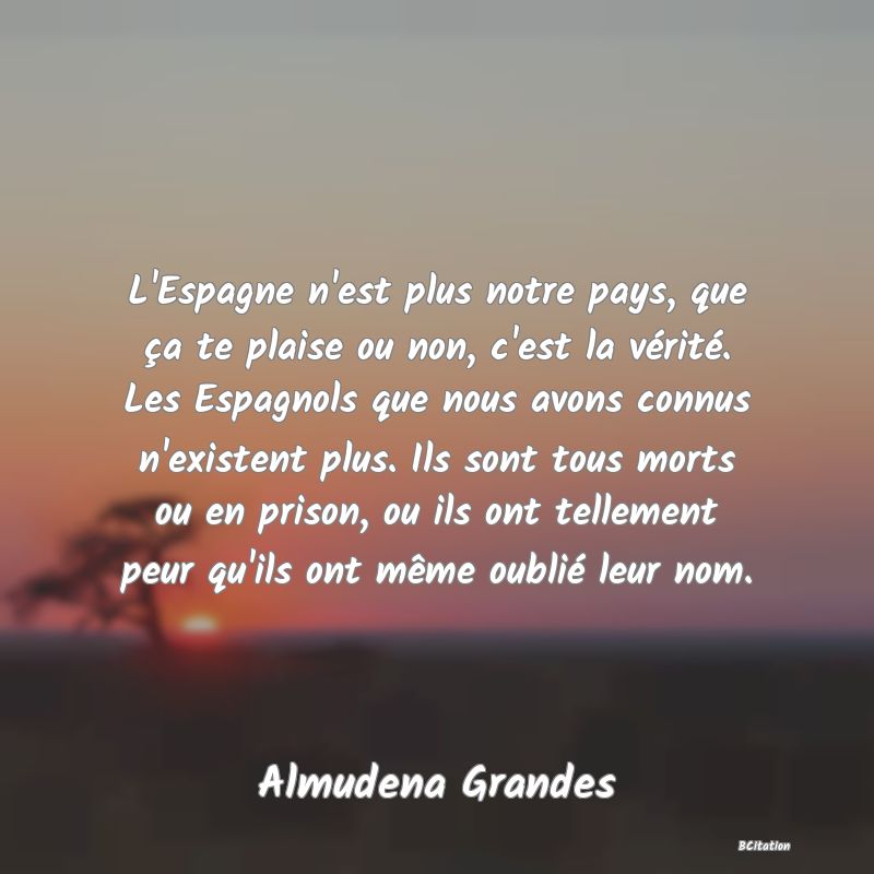 image de citation: L'Espagne n'est plus notre pays, que ça te plaise ou non, c'est la vérité. Les Espagnols que nous avons connus n'existent plus. Ils sont tous morts ou en prison, ou ils ont tellement peur qu'ils ont même oublié leur nom.