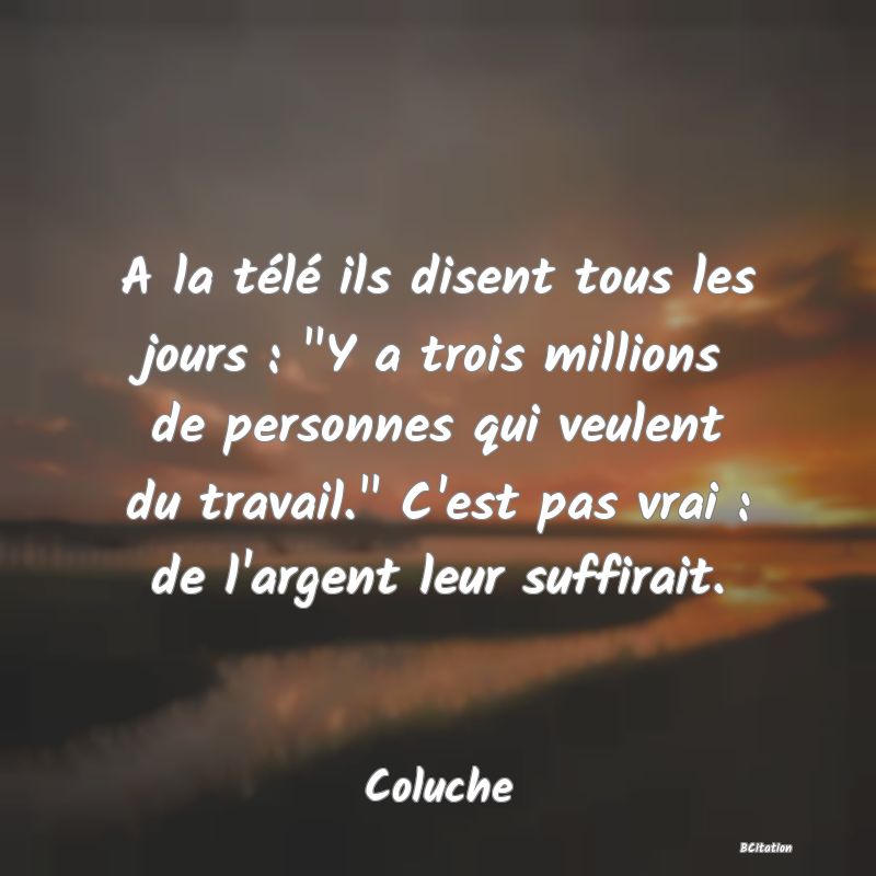 image de citation: A la télé ils disent tous les jours :  Y a trois millions de personnes qui veulent du travail.  C'est pas vrai : de l'argent leur suffirait.