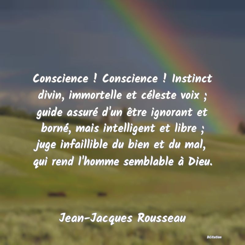 image de citation: Conscience ! Conscience ! Instinct divin, immortelle et céleste voix ; guide assuré d'un être ignorant et borné, mais intelligent et libre ; juge infaillible du bien et du mal, qui rend l'homme semblable à Dieu.