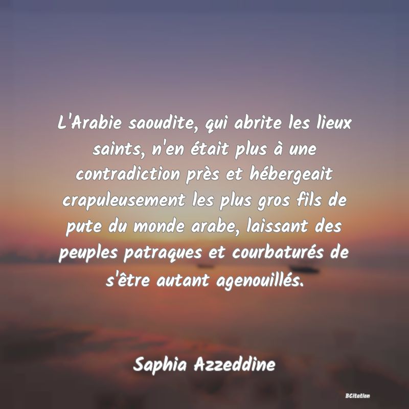 image de citation: L'Arabie saoudite, qui abrite les lieux saints, n'en était plus à une contradiction près et hébergeait crapuleusement les plus gros fils de pute du monde arabe, laissant des peuples patraques et courbaturés de s'être autant agenouillés.