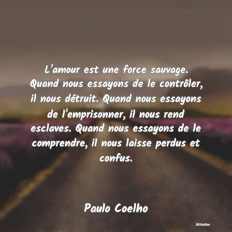 image de citation: L'amour est une force sauvage. Quand nous essayons de le contrôler, il nous détruit. Quand nous essayons de l'emprisonner, il nous rend esclaves. Quand nous essayons de le comprendre, il nous laisse perdus et confus.