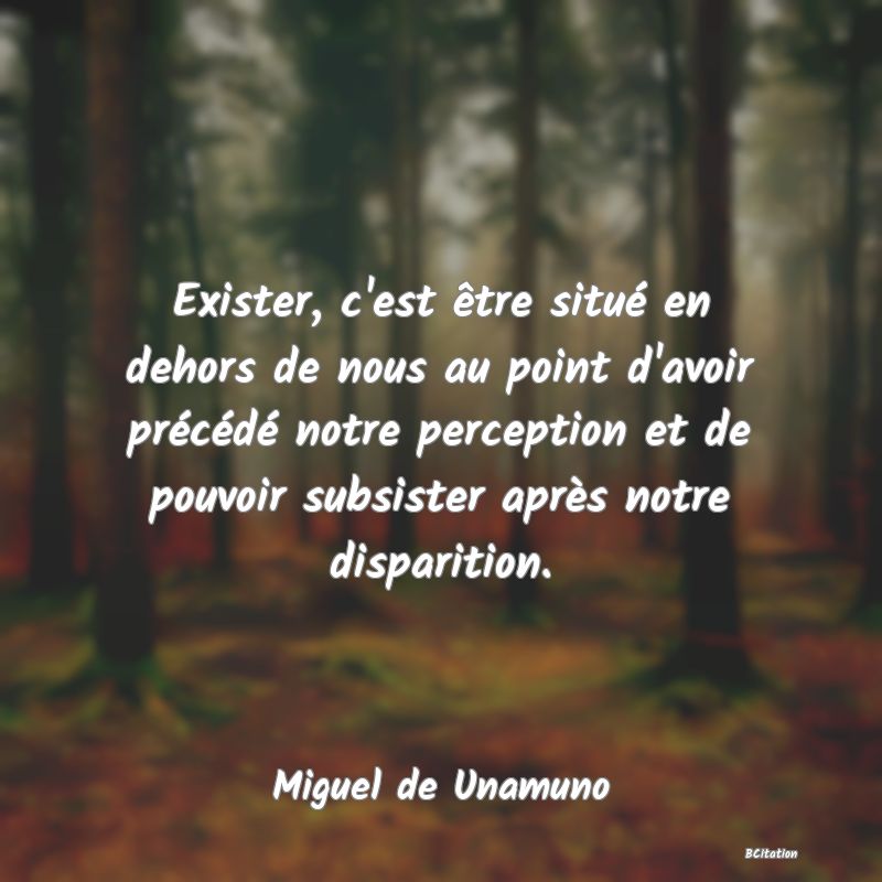 image de citation: Exister, c'est être situé en dehors de nous au point d'avoir précédé notre perception et de pouvoir subsister après notre disparition.