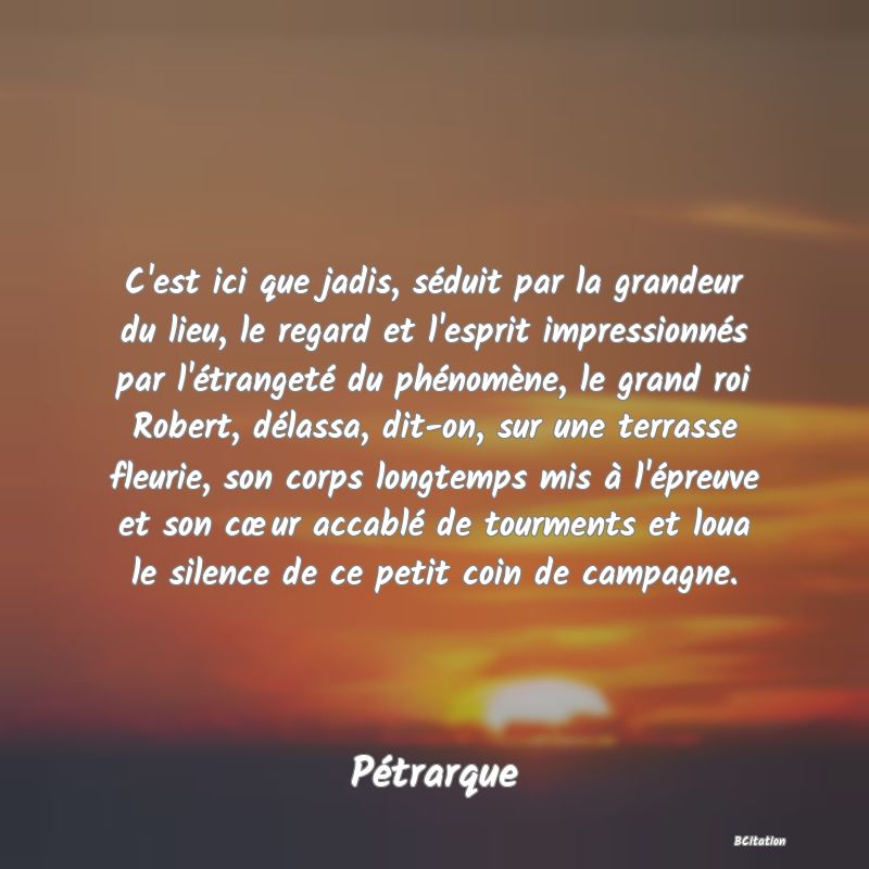 image de citation: C'est ici que jadis, séduit par la grandeur du lieu, le regard et l'esprit impressionnés par l'étrangeté du phénomène, le grand roi Robert, délassa, dit-on, sur une terrasse fleurie, son corps longtemps mis à l'épreuve et son cœur accablé de tourments et loua le silence de ce petit coin de campagne.