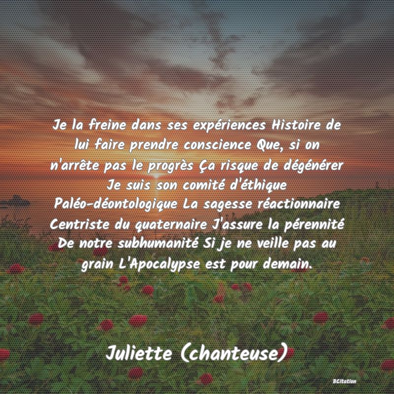 image de citation: Je la freine dans ses expériences Histoire de lui faire prendre conscience Que, si on n'arrête pas le progrès Ça risque de dégénérer Je suis son comité d'éthique Paléo-déontologique La sagesse réactionnaire Centriste du quaternaire J'assure la pérennité De notre subhumanité Si je ne veille pas au grain L'Apocalypse est pour demain.