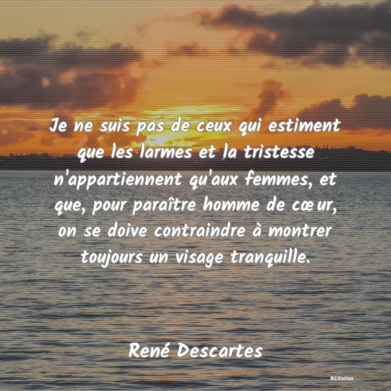 image de citation: Je ne suis pas de ceux qui estiment que les larmes et la tristesse n'appartiennent qu'aux femmes, et que, pour paraître homme de cœur, on se doive contraindre à montrer toujours un visage tranquille.