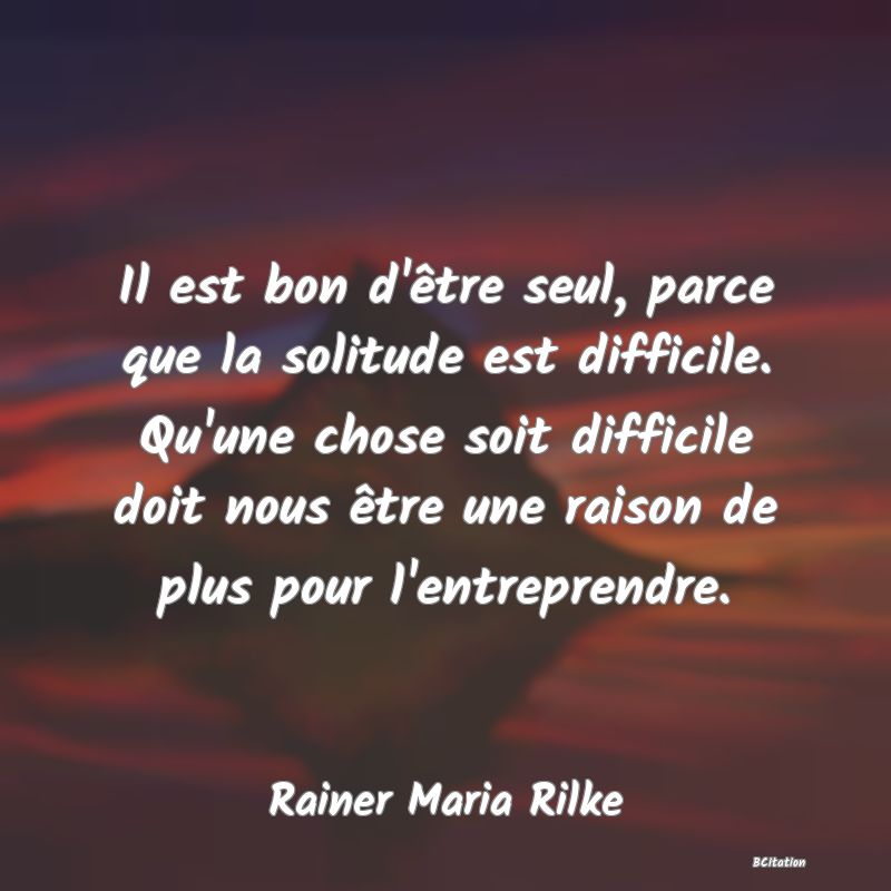 image de citation: Il est bon d'être seul, parce que la solitude est difficile. Qu'une chose soit difficile doit nous être une raison de plus pour l'entreprendre.