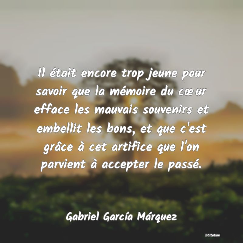 image de citation: Il était encore trop jeune pour savoir que la mémoire du cœur efface les mauvais souvenirs et embellit les bons, et que c'est grâce à cet artifice que l'on parvient à accepter le passé.