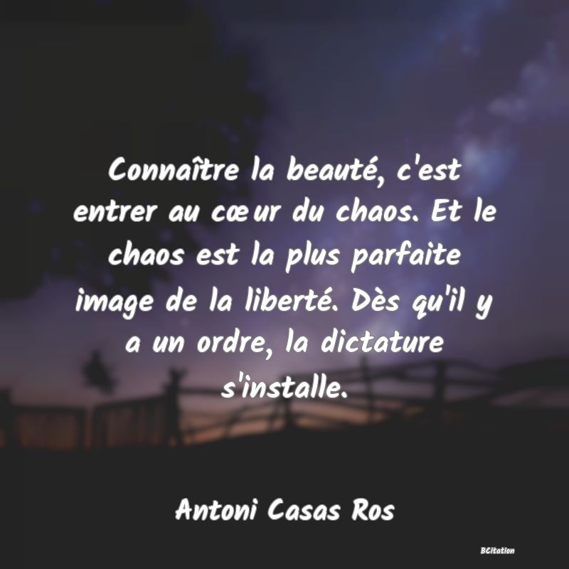 image de citation: Connaître la beauté, c'est entrer au cœur du chaos. Et le chaos est la plus parfaite image de la liberté. Dès qu'il y a un ordre, la dictature s'installe.