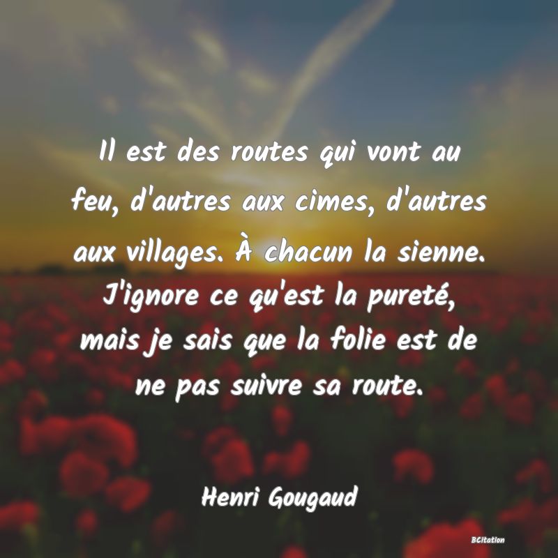 image de citation: Il est des routes qui vont au feu, d'autres aux cimes, d'autres aux villages. À chacun la sienne. J'ignore ce qu'est la pureté, mais je sais que la folie est de ne pas suivre sa route.