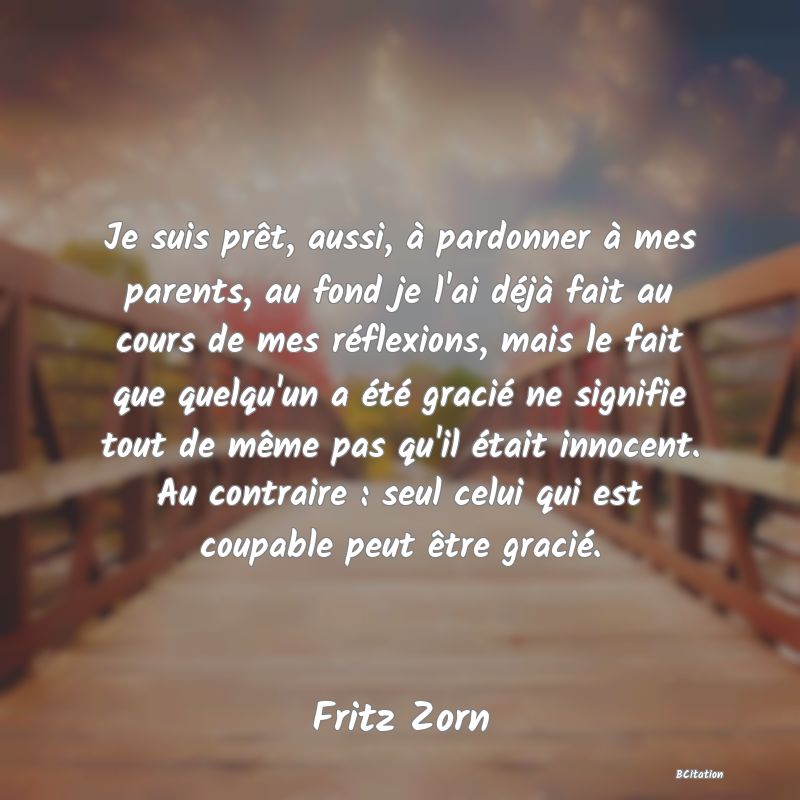 image de citation: Je suis prêt, aussi, à pardonner à mes parents, au fond je l'ai déjà fait au cours de mes réflexions, mais le fait que quelqu'un a été gracié ne signifie tout de même pas qu'il était innocent. Au contraire : seul celui qui est coupable peut être gracié.