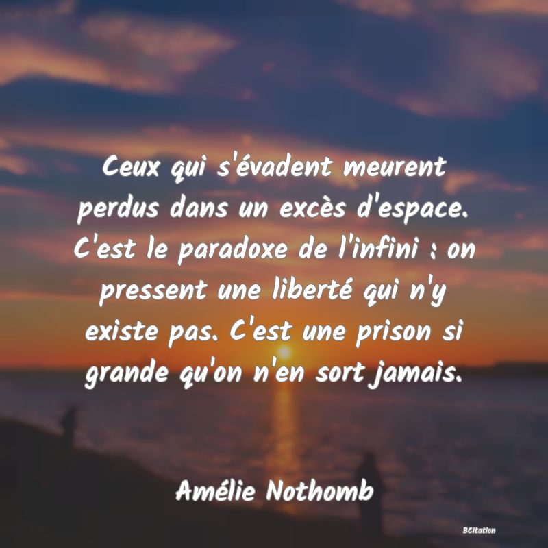 image de citation: Ceux qui s'évadent meurent perdus dans un excès d'espace. C'est le paradoxe de l'infini : on pressent une liberté qui n'y existe pas. C'est une prison si grande qu'on n'en sort jamais.