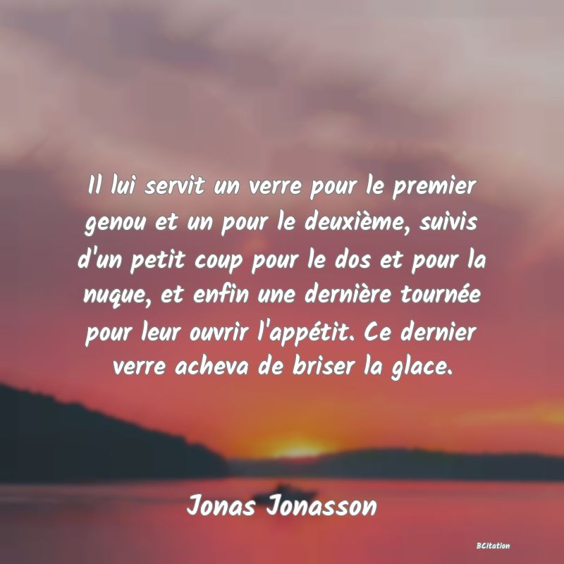 Belle Citation - Il lui servit un verre pour le premier genou et un pour le deuxième, suivis d'un petit coup pour le dos et pour la nuque, et enfin une dernière tournée pour leur ouvrir l'appétit. Ce dernier verre acheva de briser la glace. - Jonas Jonasson