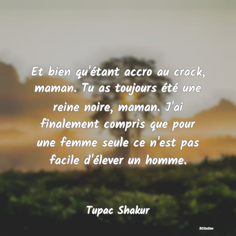 image de citation: Et bien qu'étant accro au crack, maman. Tu as toujours été une reine noire, maman. J'ai finalement compris que pour une femme seule ce n'est pas facile d'élever un homme.