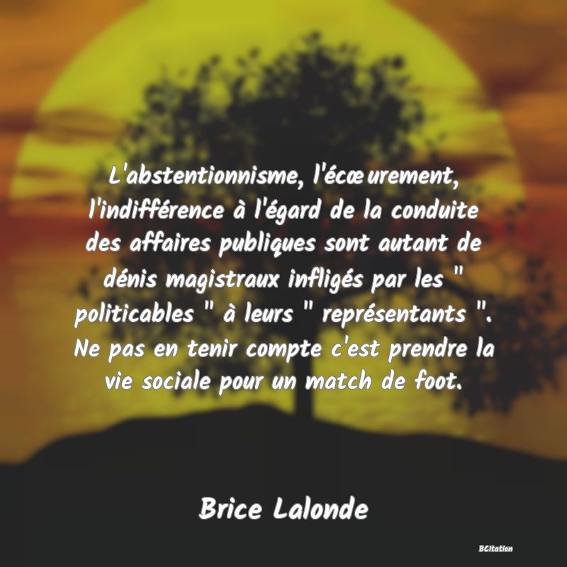 image de citation: L'abstentionnisme, l'écœurement, l'indifférence à l'égard de la conduite des affaires publiques sont autant de dénis magistraux infligés par les   politicables   à leurs   représentants  . Ne pas en tenir compte c'est prendre la vie sociale pour un match de foot.