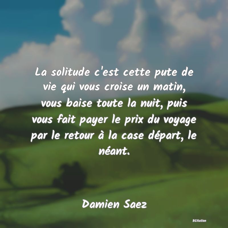 image de citation: La solitude c'est cette pute de vie qui vous croise un matin, vous baise toute la nuit, puis vous fait payer le prix du voyage par le retour à la case départ, le néant.