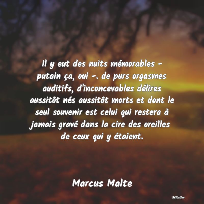 image de citation: Il y eut des nuits mémorables - putain ça, oui -. de purs orgasmes auditifs, d'inconcevables délires aussitôt nés aussitôt morts et dont le seul souvenir est celui qui restera à jamais gravé dans la cire des oreilles de ceux qui y étaient.