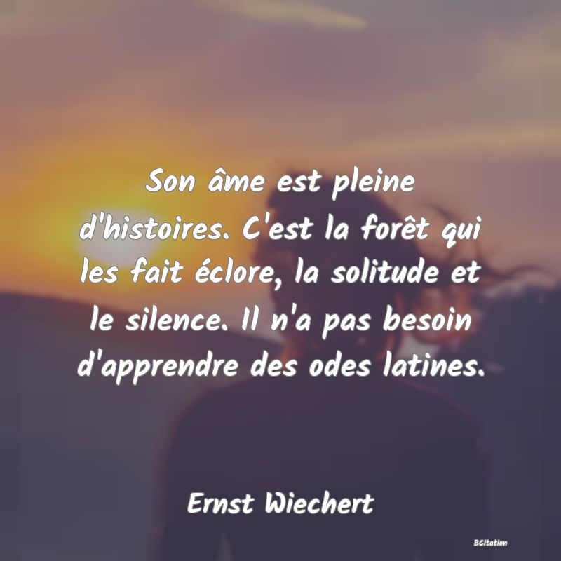 image de citation: Son âme est pleine d'histoires. C'est la forêt qui les fait éclore, la solitude et le silence. Il n'a pas besoin d'apprendre des odes latines.