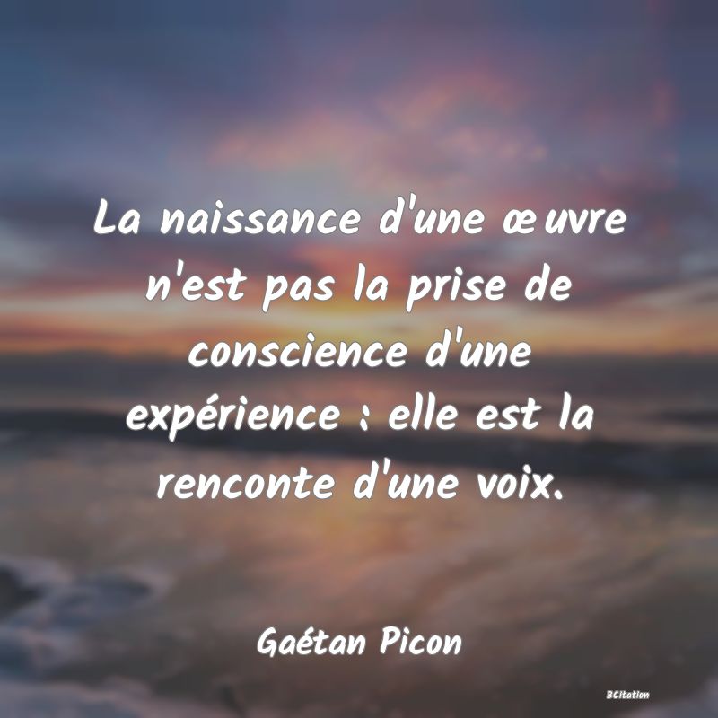 image de citation: La naissance d'une œuvre n'est pas la prise de conscience d'une expérience : elle est la renconte d'une voix.