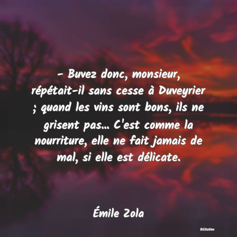 Belle Citation - - Buvez donc, monsieur, répétait-il sans cesse à Duveyrier ; quand les vins sont bons, ils ne grisent pas... C'est comme la nourriture, elle ne fait jamais de mal, si elle est délicate. - Émile Zola