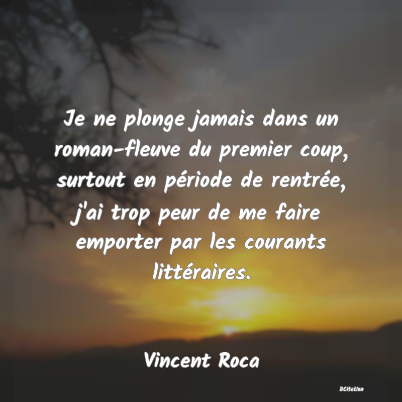 image de citation: Je ne plonge jamais dans un roman-fleuve du premier coup, surtout en période de rentrée, j'ai trop peur de me faire emporter par les courants littéraires.