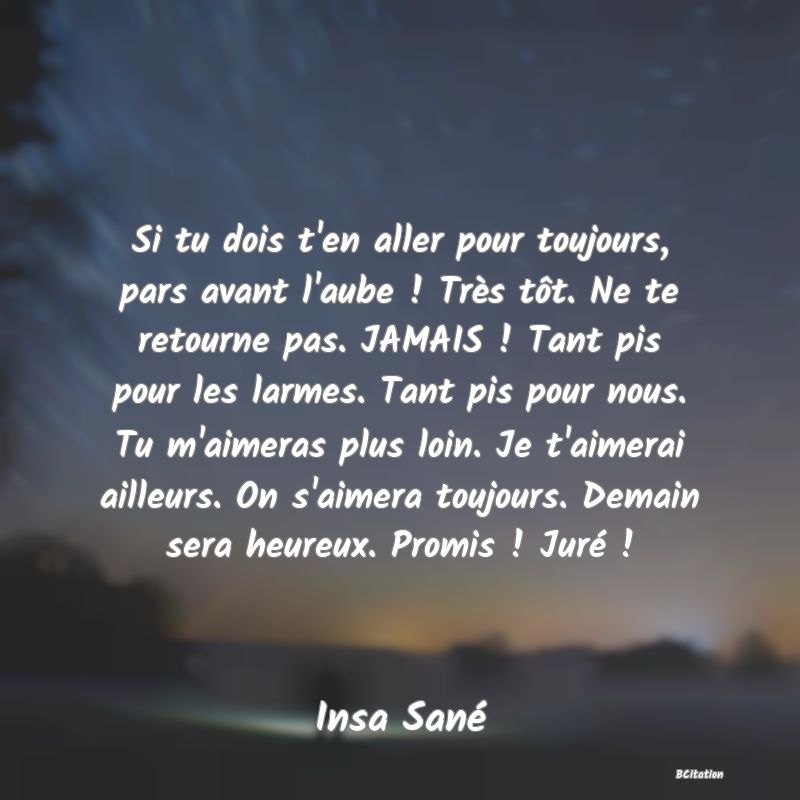 image de citation: Si tu dois t'en aller pour toujours, pars avant l'aube ! Très tôt. Ne te retourne pas. JAMAIS ! Tant pis pour les larmes. Tant pis pour nous. Tu m'aimeras plus loin. Je t'aimerai ailleurs. On s'aimera toujours. Demain sera heureux. Promis ! Juré !