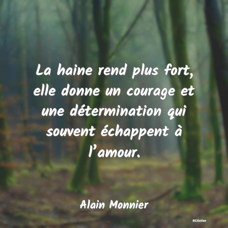 Belle Citation - La haine rend plus fort, elle donne un courage et une détermination qui souvent échappent à l’amour. - Alain Monnier