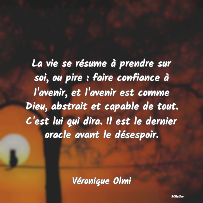 image de citation: La vie se résume à prendre sur soi, ou pire : faire confiance à l'avenir, et l'avenir est comme Dieu, abstrait et capable de tout. C'est lui qui dira. Il est le dernier oracle avant le désespoir.