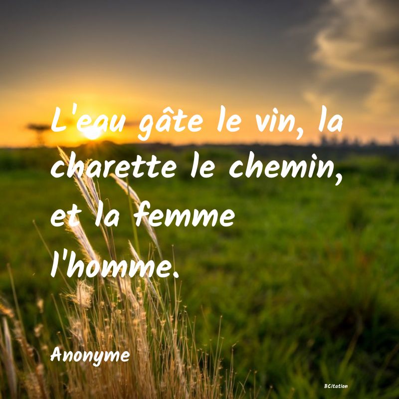 image de citation: L'eau gâte le vin, la charette le chemin, et la femme l'homme.