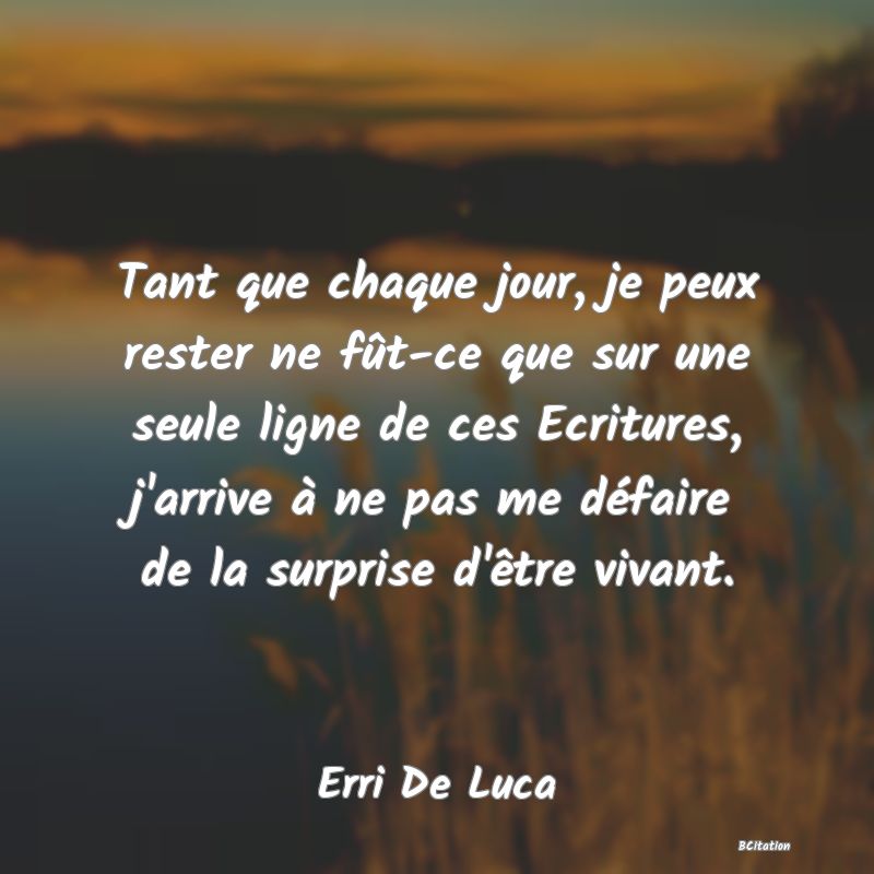 Belle Citation - Tant que chaque jour, je peux rester ne fût-ce que sur une seule ligne de ces Ecritures, j'arrive à ne pas me défaire de la surprise d'être vivant. - Erri De Luca