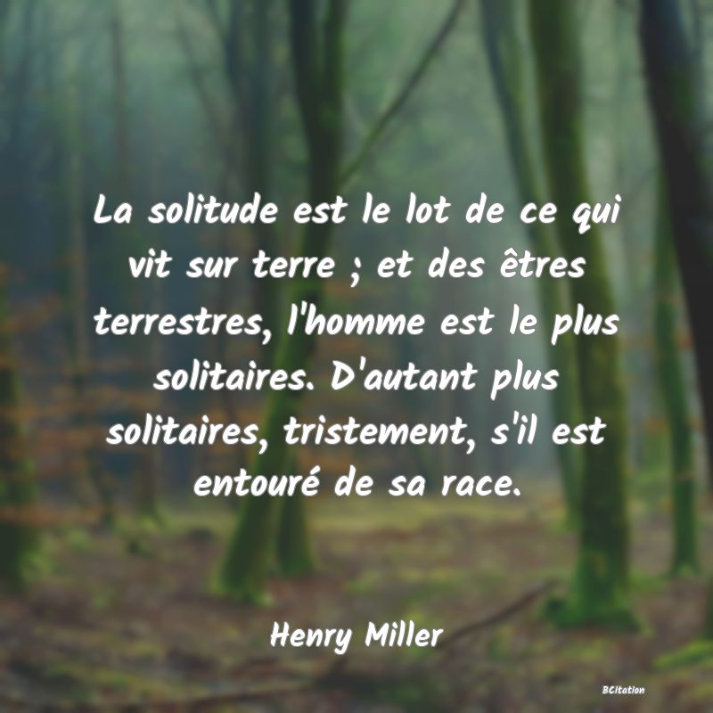 image de citation: La solitude est le lot de ce qui vit sur terre ; et des êtres terrestres, l'homme est le plus solitaires. D'autant plus solitaires, tristement, s'il est entouré de sa race.