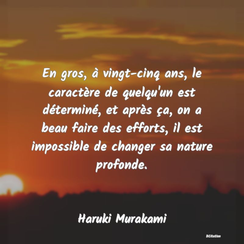 image de citation: En gros, à vingt-cinq ans, le caractère de quelqu'un est déterminé, et après ça, on a beau faire des efforts, il est impossible de changer sa nature profonde.