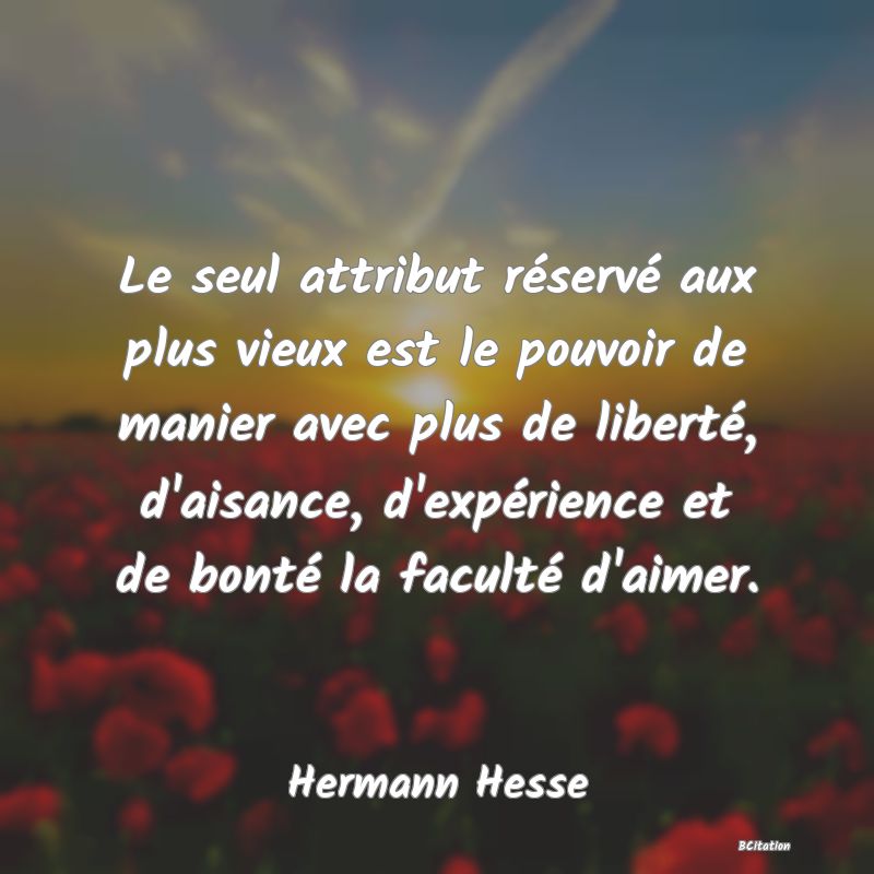 image de citation: Le seul attribut réservé aux plus vieux est le pouvoir de manier avec plus de liberté, d'aisance, d'expérience et de bonté la faculté d'aimer.