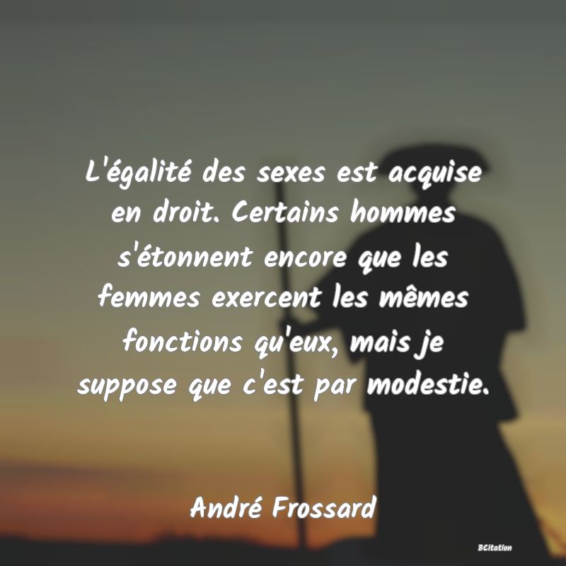 image de citation: L'égalité des sexes est acquise en droit. Certains hommes s'étonnent encore que les femmes exercent les mêmes fonctions qu'eux, mais je suppose que c'est par modestie.