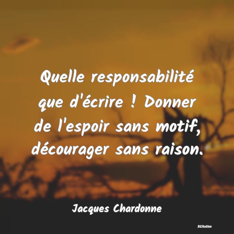 image de citation: Quelle responsabilité que d'écrire ! Donner de l'espoir sans motif, décourager sans raison.