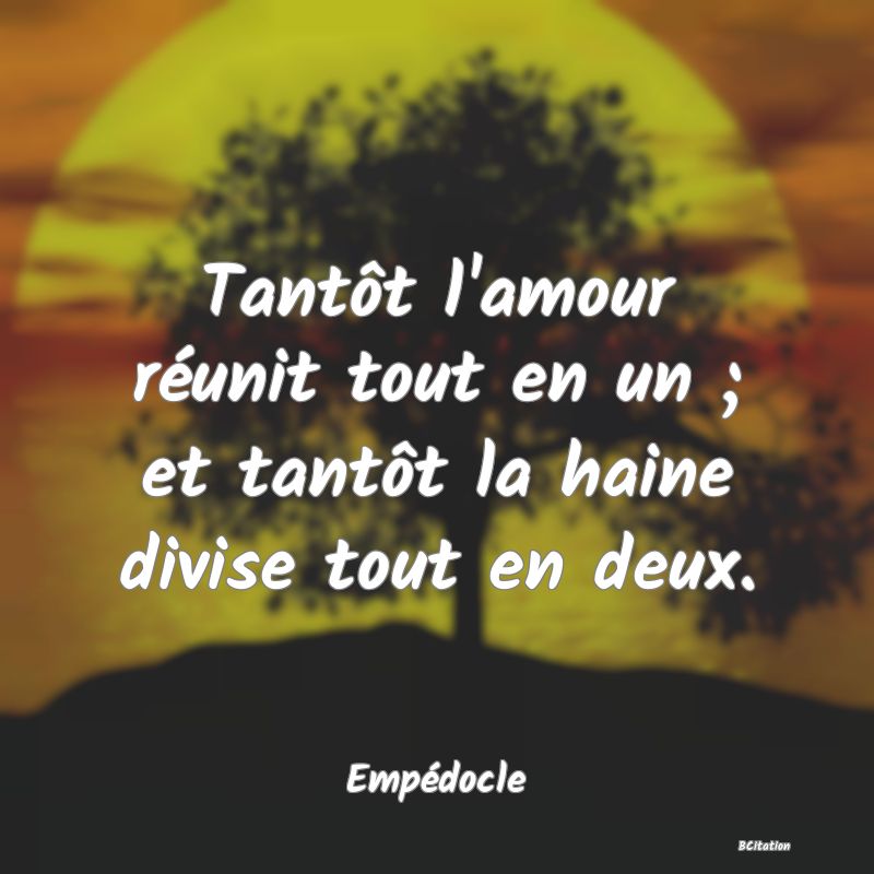 image de citation: Tantôt l'amour réunit tout en un ; et tantôt la haine divise tout en deux.