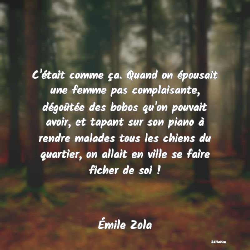 image de citation: C'était comme ça. Quand on épousait une femme pas complaisante, dégoûtée des bobos qu'on pouvait avoir, et tapant sur son piano à rendre malades tous les chiens du quartier, on allait en ville se faire ficher de soi !