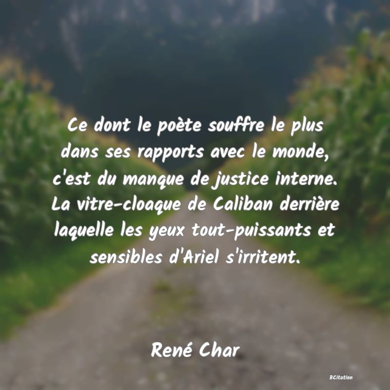Belle Citation - Ce dont le poète souffre le plus dans ses rapports avec le monde, c'est du manque de justice interne. La vitre-cloaque de Caliban derrière laquelle les yeux tout-puissants et sensibles d'Ariel s'irritent. - René Char