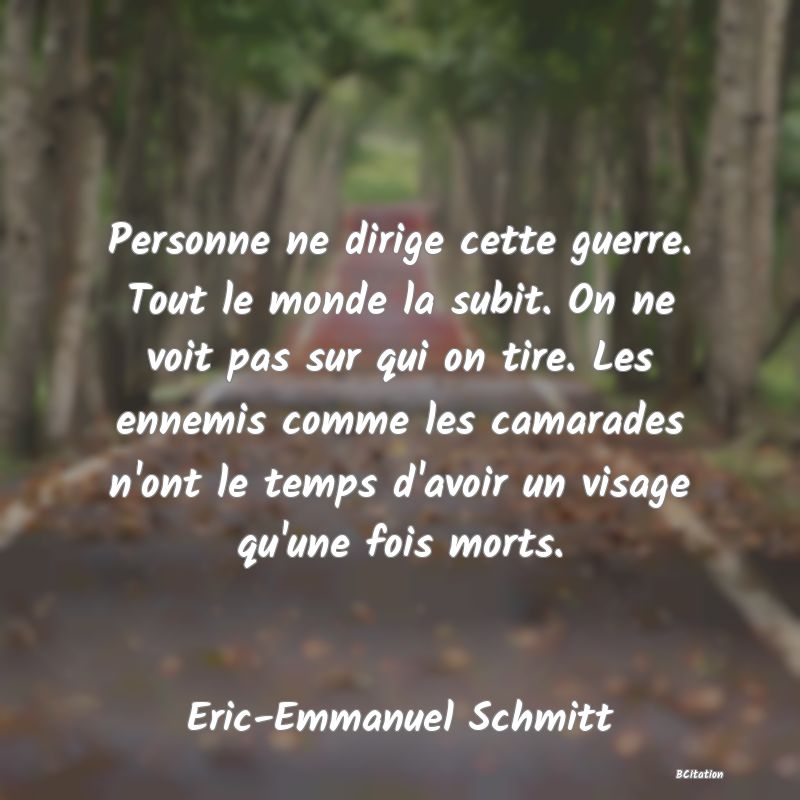 image de citation: Personne ne dirige cette guerre. Tout le monde la subit. On ne voit pas sur qui on tire. Les ennemis comme les camarades n'ont le temps d'avoir un visage qu'une fois morts.