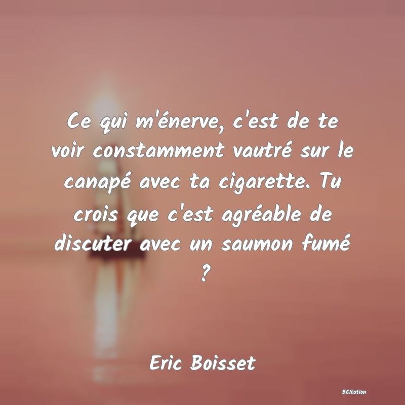 Belle Citation - Ce qui m'énerve, c'est de te voir constamment vautré sur le canapé avec ta cigarette. Tu crois que c'est agréable de discuter avec un saumon fumé ? - Eric Boisset