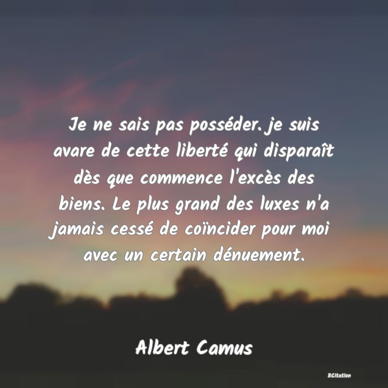 image de citation: Je ne sais pas posséder. je suis avare de cette liberté qui disparaît dès que commence l'excès des biens. Le plus grand des luxes n'a jamais cessé de coïncider pour moi avec un certain dénuement.