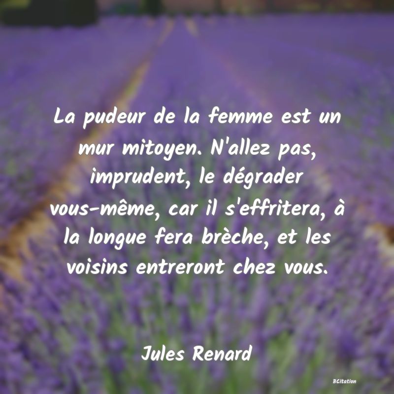 image de citation: La pudeur de la femme est un mur mitoyen. N'allez pas, imprudent, le dégrader vous-même, car il s'effritera, à la longue fera brèche, et les voisins entreront chez vous.