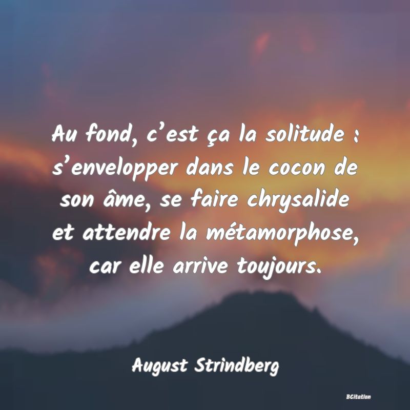 image de citation: Au fond, c’est ça la solitude : s’envelopper dans le cocon de son âme, se faire chrysalide et attendre la métamorphose, car elle arrive toujours.