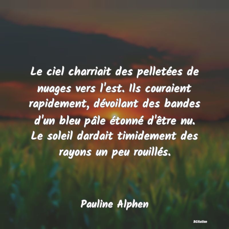 image de citation: Le ciel charriait des pelletées de nuages vers l'est. Ils couraient rapidement, dévoilant des bandes d'un bleu pâle étonné d'être nu. Le soleil dardait timidement des rayons un peu rouillés.