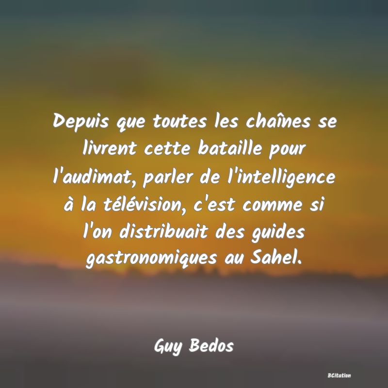 image de citation: Depuis que toutes les chaînes se livrent cette bataille pour l'audimat, parler de l'intelligence à la télévision, c'est comme si l'on distribuait des guides gastronomiques au Sahel.