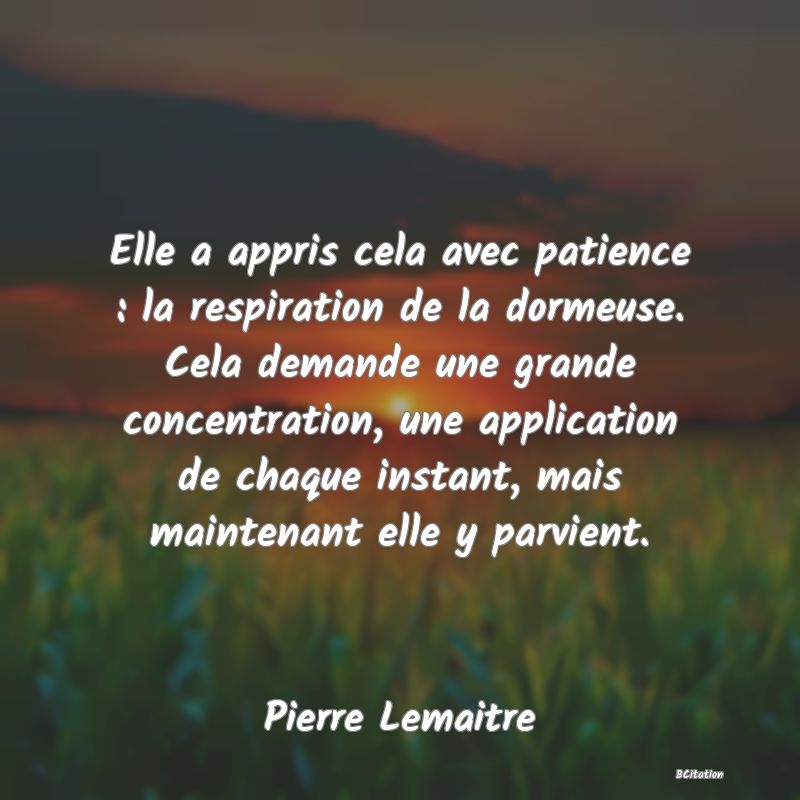 image de citation: Elle a appris cela avec patience : la respiration de la dormeuse. Cela demande une grande concentration, une application de chaque instant, mais maintenant elle y parvient.