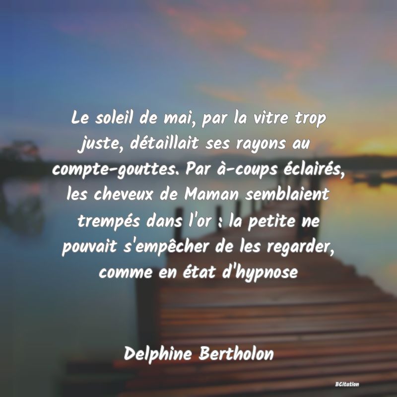 image de citation: Le soleil de mai, par la vitre trop juste, détaillait ses rayons au compte-gouttes. Par à-coups éclairés, les cheveux de Maman semblaient trempés dans l'or : la petite ne pouvait s'empêcher de les regarder, comme en état d'hypnose