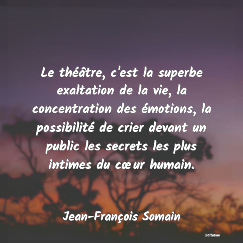 image de citation: Le théâtre, c'est la superbe exaltation de la vie, la concentration des émotions, la possibilité de crier devant un public les secrets les plus intimes du cœur humain.