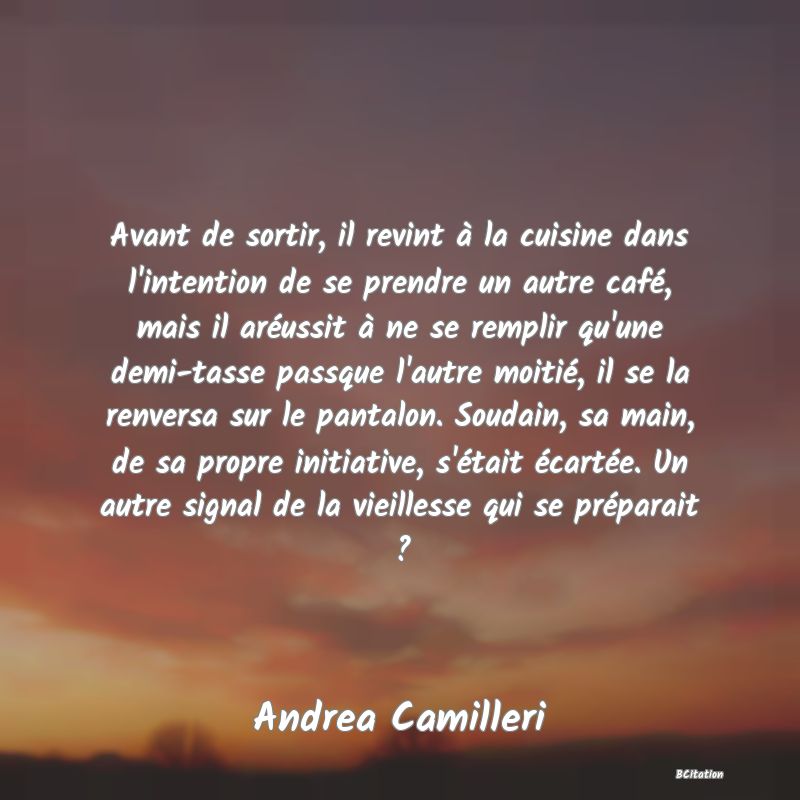 image de citation: Avant de sortir, il revint à la cuisine dans l'intention de se prendre un autre café, mais il aréussit à ne se remplir qu'une demi-tasse passque l'autre moitié, il se la renversa sur le pantalon. Soudain, sa main, de sa propre initiative, s'était écartée. Un autre signal de la vieillesse qui se préparait ?