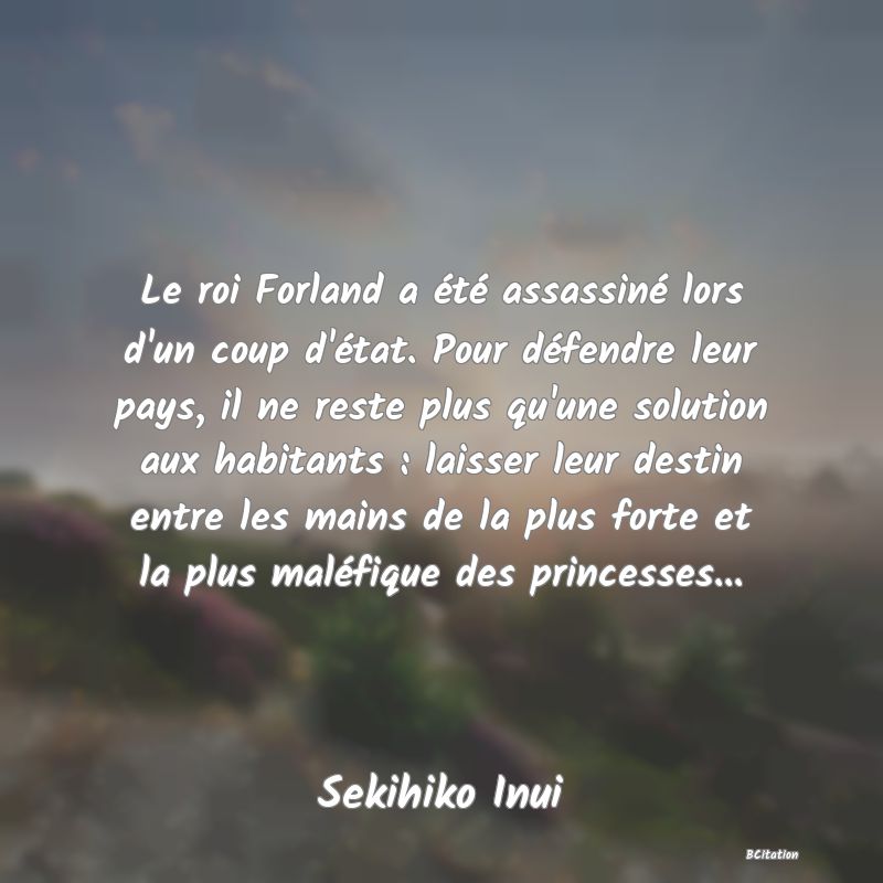 image de citation: Le roi Forland a été assassiné lors d'un coup d'état. Pour défendre leur pays, il ne reste plus qu'une solution aux habitants : laisser leur destin entre les mains de la plus forte et la plus maléfique des princesses...