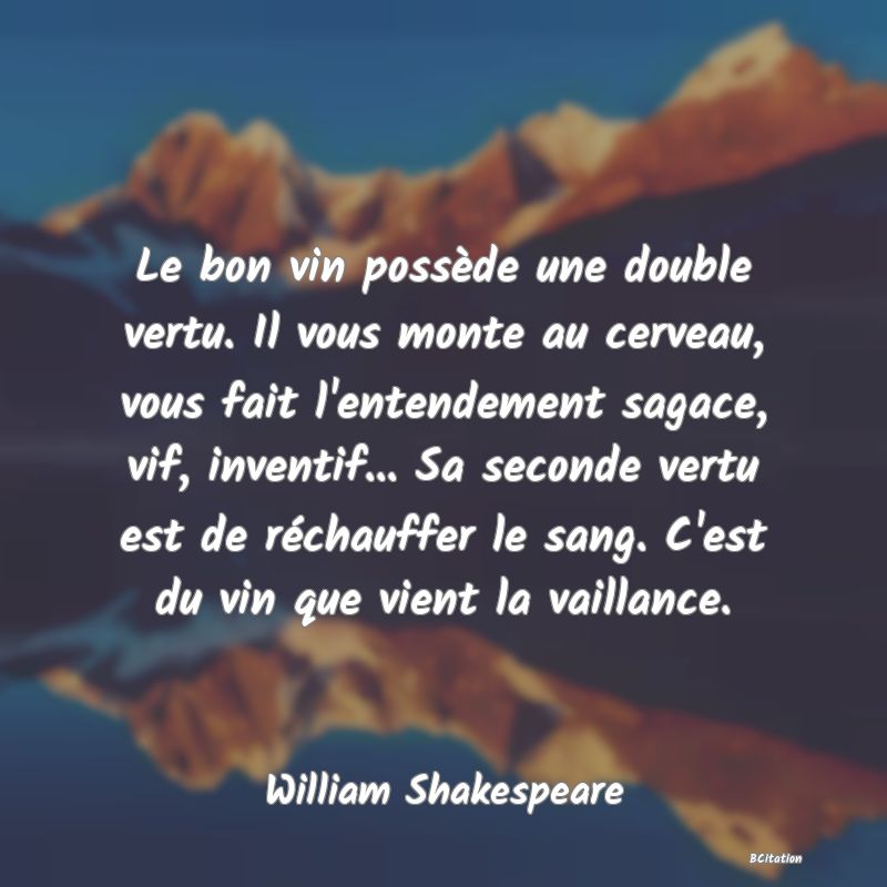 image de citation: Le bon vin possède une double vertu. Il vous monte au cerveau, vous fait l'entendement sagace, vif, inventif... Sa seconde vertu est de réchauffer le sang. C'est du vin que vient la vaillance.